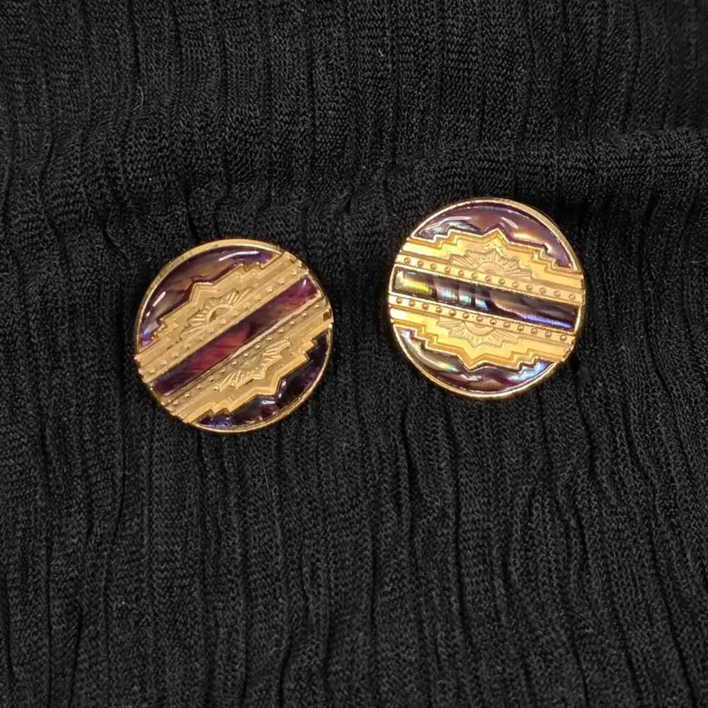 Vintage Duri Art Deco Stud Earrings Purple Gold Tone Geometric Statement